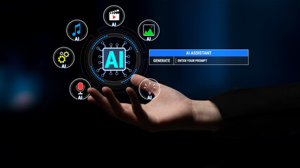 Modern AI Technology Concept with Hand Holding Digital Interface Representing AI Assistant Features...