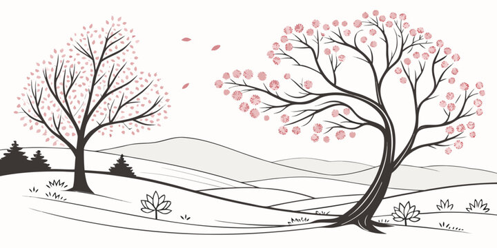 A winter landscape with two trees and red leaves Vector