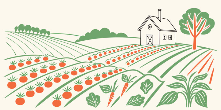 A house surrounded by a lush garden with rows of vegetables Vector