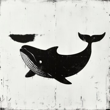 playful black whale silhouette with small splash on distressed white textured background, minimal monochrome illustration conveying calm and whimsical mood