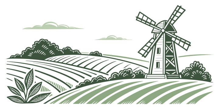 A windmill standing in a field with rows of crops Vector