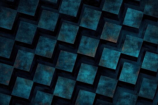 moody three-dimensional staggered cube grid with recessed squares, teal and rust textured metallic surfaces and deep shadows creating repeating geometric depth