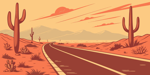 A desert road with cacti and mountains in the background Vector © RABBYMIA