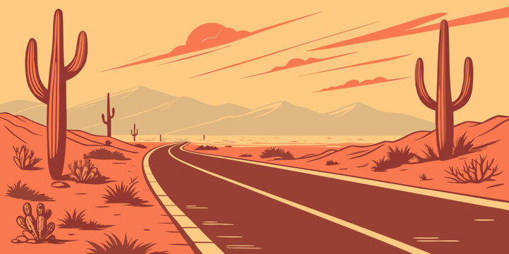 A desert road with cacti and mountains in the background Vector