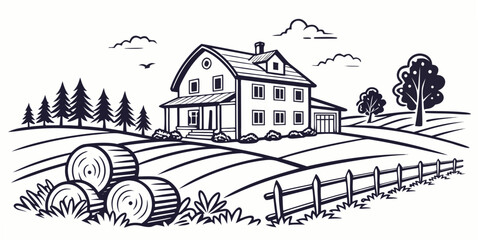 Naklejka premium A large house sits in a rural area next to a fenced field and tractor Vector