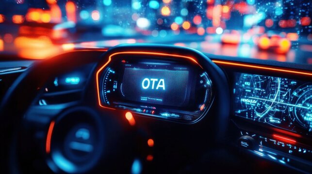 Futuristic car dashboard at night with glowing blue and orange digital displays reading OTA, rain-speckled windshield and blurred city lights conveying speed and excitement