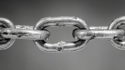 Fototapeta premium Detailed close-up of a heavy silver metal chain link system, showcasing industrial strength and interlocking connections against a neutral background.