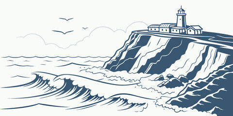 A blue and white drawing of a lighthouse on a rocky cliff Vector © RABBYMIA