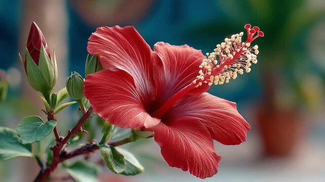 Hibiscus Bloom's Radiance: A vibrant, open hibiscus flower bursts with a rich, fiery hue, revealing delicate details and inviting a sense of nature's beauty and serenity.