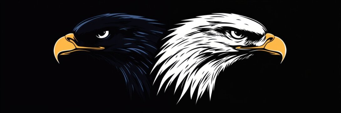 Two stylized eagle heads back-to-back, one dark blue and one white, yellow beaks and fierce determined expressions on a black background