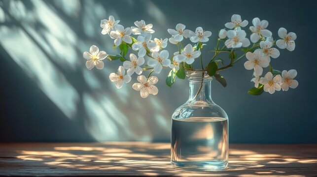 Delicate white blossom branch in a clear glass bottle of water on a wooden table bathed in soft dappled sunlight, a calm serene still life