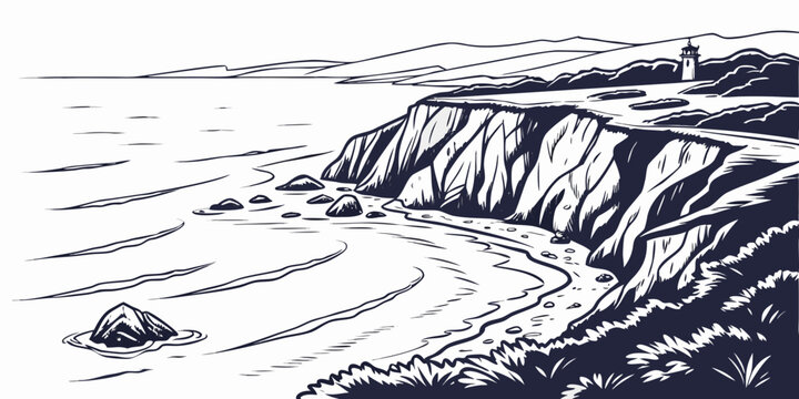 A rocky cliffside by the ocean with waves crashing Vector