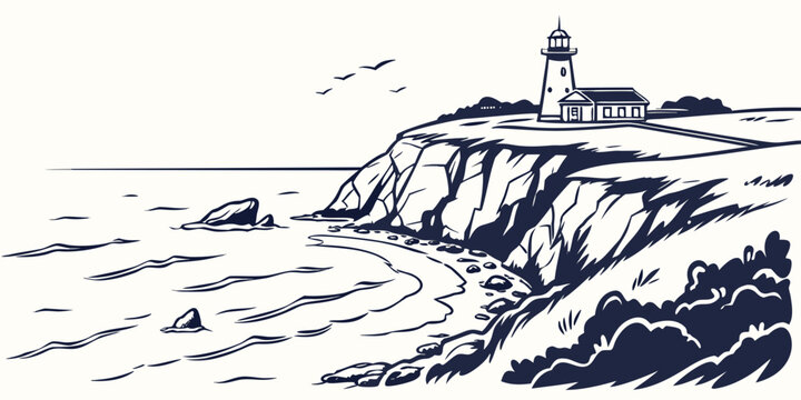A black and white drawing of a lighthouse on a rocky cliff Vector