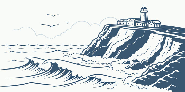 A blue and white drawing of a lighthouse on a rocky cliff Vector