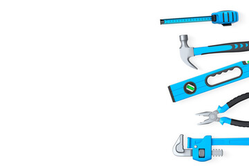 Obraz premium Various hand tools such as saw, screwdriver, hammer, wrench, pliers, and level isolated on white background with clipping path