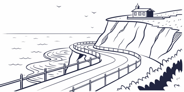 A scenic road winding around a cliffside with a small building on top Vector