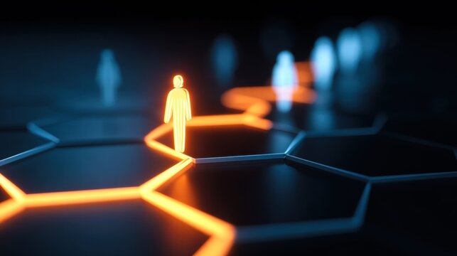 A glowing figure on a network path symbolizes connection and data flow.