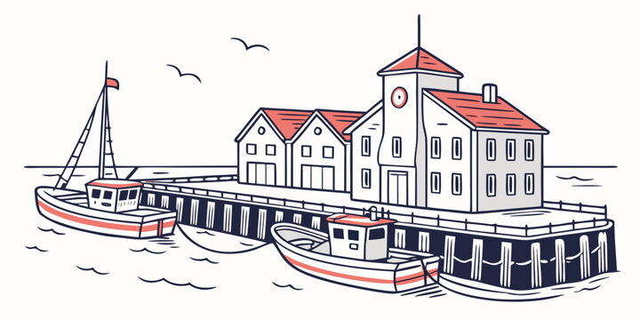 A large building with a red roof and a pier Vector