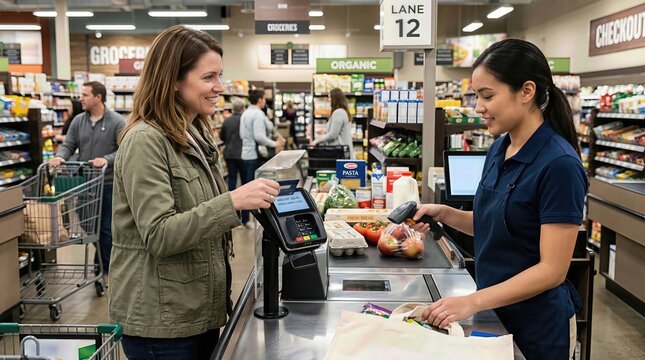 Female shopper paying for groceries using card at supermarket register with cashier scanning items. Concept of consumer lifestyle retail purchase and store service.