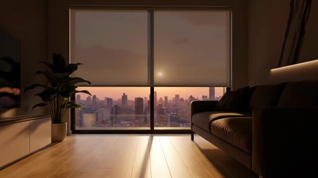Living room interior with sofa, plant and city view at sunset from window. Modern home design, urban lifestyle.