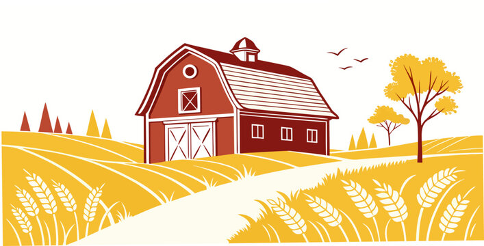 A red barn with a white roof sits in a field Vector