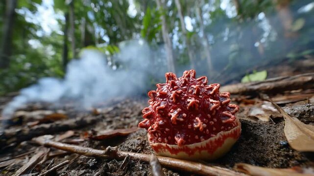 Exploding Fruit: A vibrant, spiky fruit releases a cloud of smoke amid a lush forest floor, creating a moment of explosive natural intrigue.