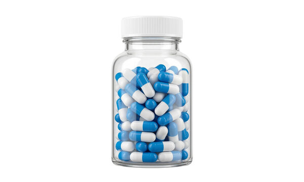 Glass bottle filled with blue and white capsules on transparent background