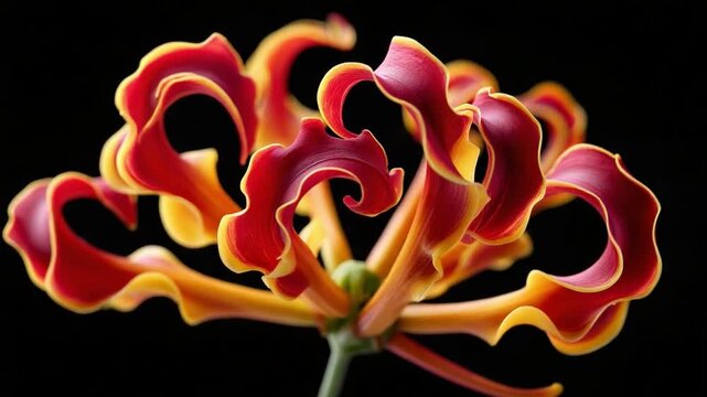 Gloriosa Lily's Elegance:  A close-up captures the intricate beauty of a Gloriosa lily in full bloom, showcasing vibrant red and yellow petals that curl and twist with a delicate grace.