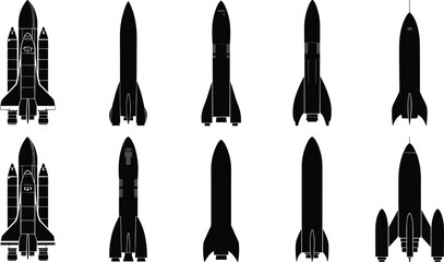Set of black silhouette rocket ship icons and vintage spacecraft illustrations on white background for science fiction aerospace design and outer space exploration © MstRupali