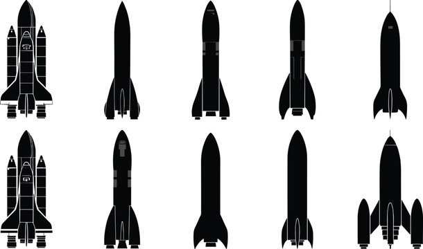 Set of black silhouette rocket ship icons and vintage spacecraft illustrations on white background for science fiction aerospace design and outer space exploration