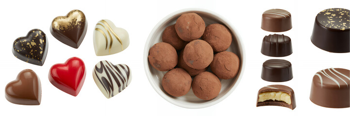Chocolate truffles and hearts on a white background chocolates brown