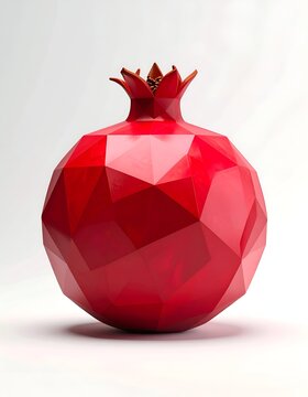 Geometric Red Pomegranate Sculpture on White Background, Modern Art.