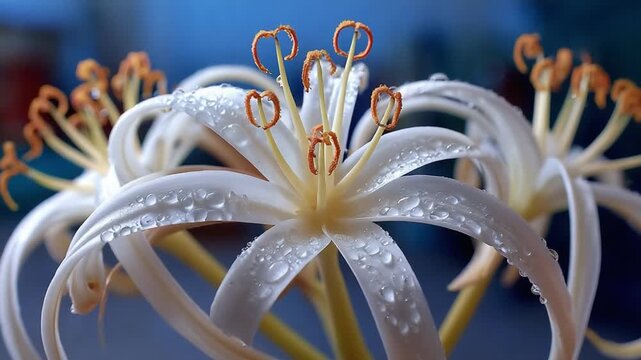 White Flower: Delicate petals of a pristine white flower glisten with droplets of moisture, a close-up capture revealing intricate details of nature's design.