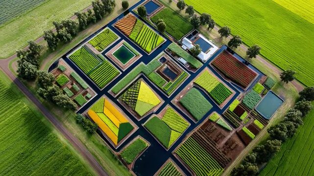 Geometric Harmony of Fields: An aerial perspective reveals an intricate mosaic of cultivated fields, meticulously arranged to maximize space and yield.