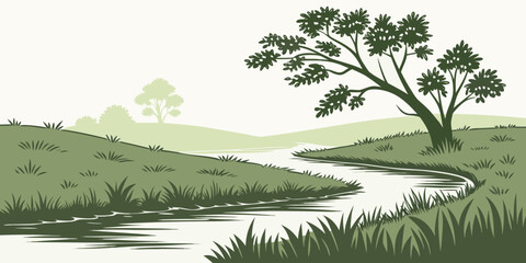 A tree stands by a winding river in a green landscape Vector © RABBYMIA