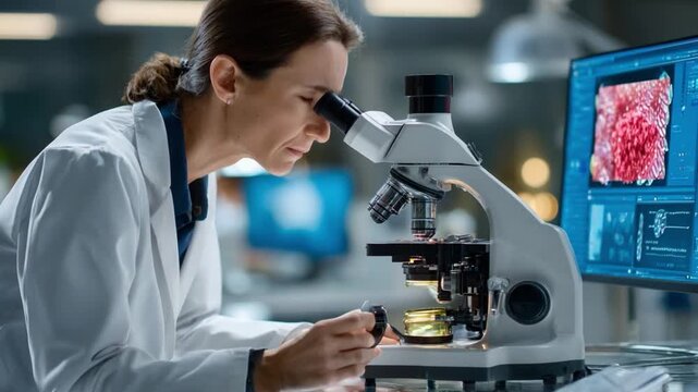 Microscopic Marvel: A dedicated scientist peers through a microscope, diligently examining a sample, her focus unwavering as she seeks breakthroughs within the unseen world.