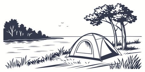 A tent pitched next to a tree by a serene lake Vector © RABBYMIA