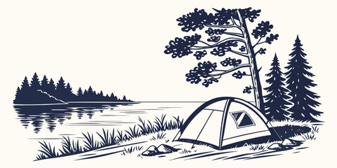 A tent pitched near trees and a body of water Vector © RABBYMIA