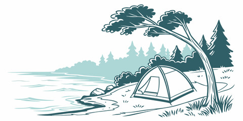 A tent pitched by a serene lake Vector © RABBYMIA
