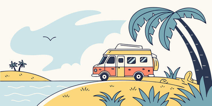 A colorful van parked on a beach by the water Vector