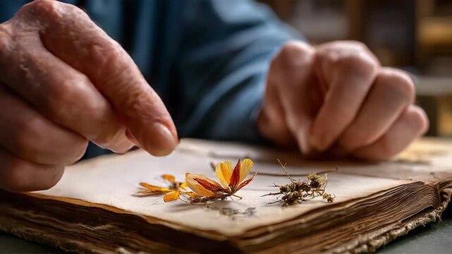 Botanical study: A focused scene of a person meticulously arranging preserved plants and insects within the pages of a well-worn botanical study.