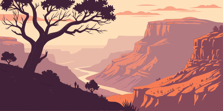 A tree on the edge of the grand canyon at sunset Vector