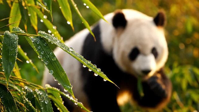 Giant panda eating bamboo leaves in lush green foliage with water droplets.