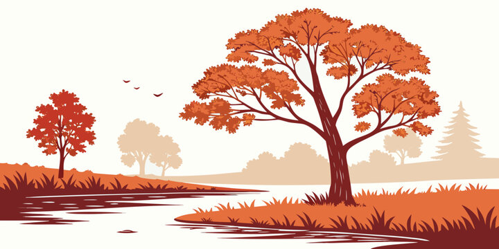 A large tree with orange leaves stands by a river Vector