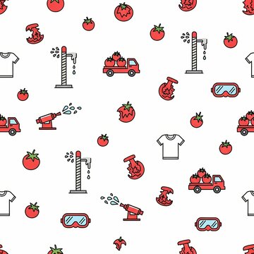 Seamless pattern of tomato festival elements, smashed tomatoes, water cannons, goggles, and festival trucks in Spain