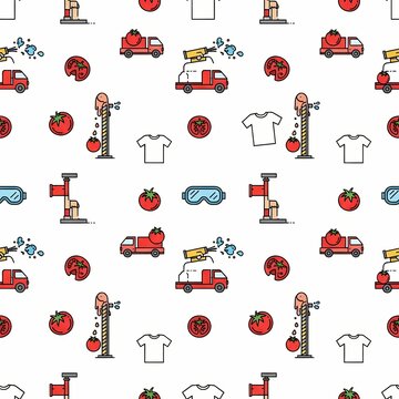 Seamless pattern of tomato festival elements, smashed tomatoes, water cannons, goggles, and festival trucks in Spain