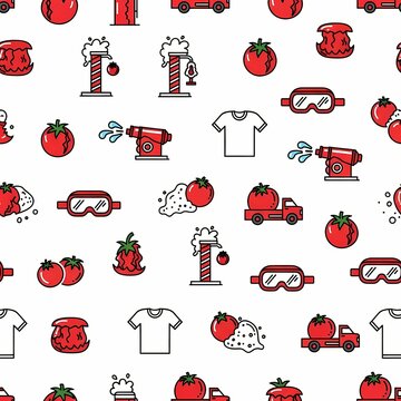 Seamless pattern of tomato festival elements, smashed tomatoes, water cannons, goggles, and festival trucks in Spain