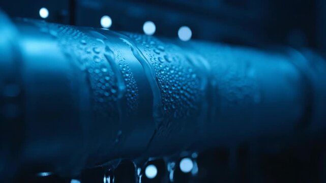 Server rack with water droplets on cooling pipe in blue technology environment.