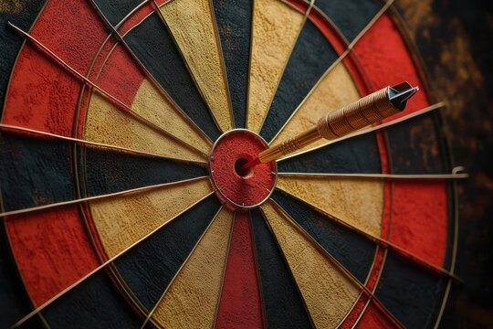 Close-up of a dartboard bullseye struck by a single gold dart, textured red black and tan segments conveying precision, focus and triumphant success