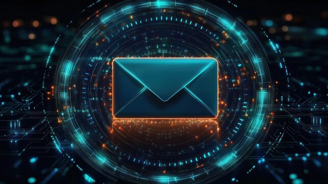 Futuristic digital envelope icon glowing with neon blue and orange circuit patterns in a high-tech cyber environment